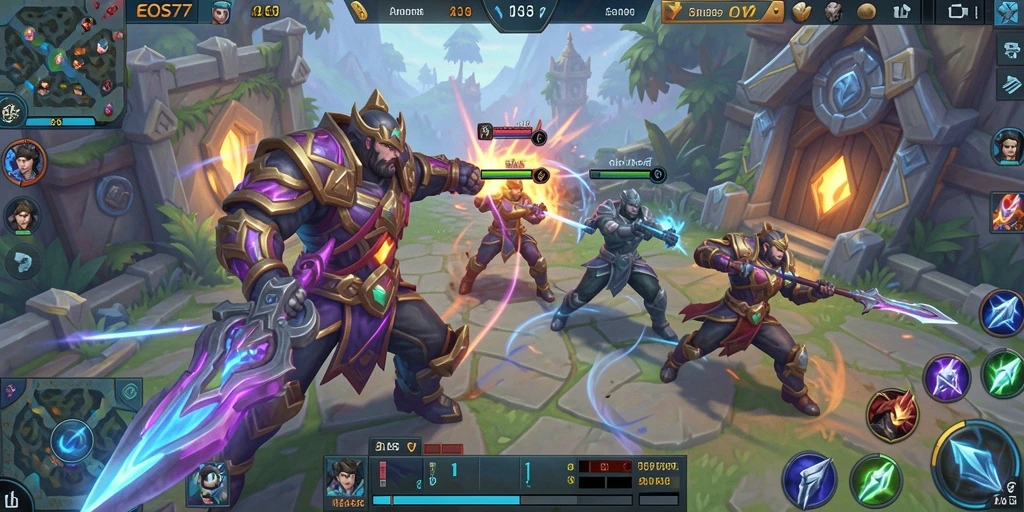 Tampilan menarik pertarungan dalam gameplay EOS77 yang intens.