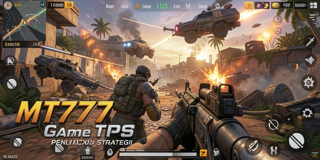 Screenshot utama MT777 menampilkan aksi tembak-menembak yang intens.