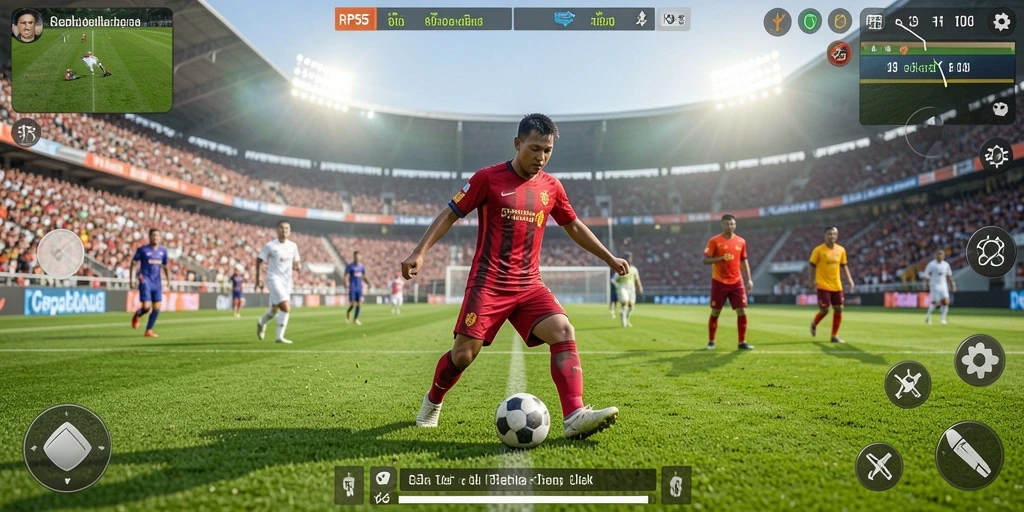 Screenshot RP55 menunjukkan aksi seru di lapangan sepak bola.