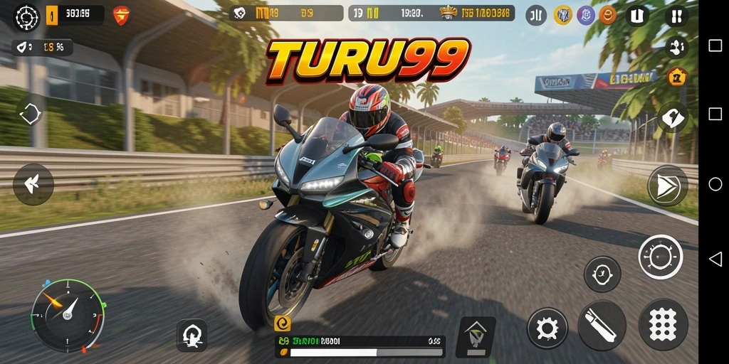 Screenshot TURU99 menampilkan aksi balapan motor yang seru dan mendebarkan.
